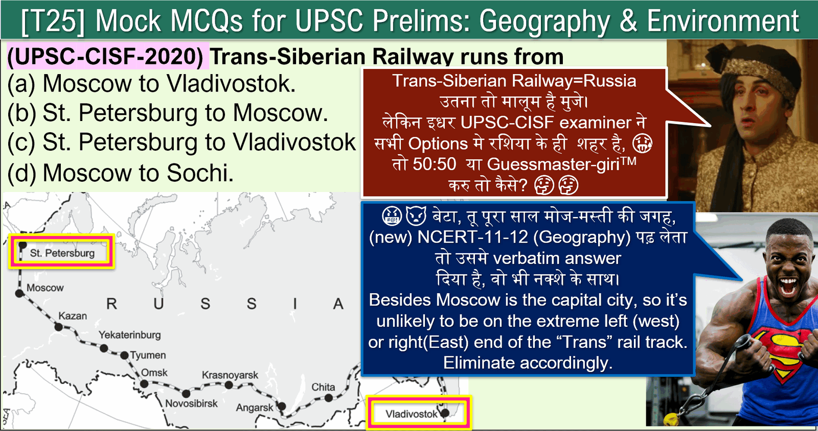 The Trans-Siberian Railway runs from (UPSC-CISF-2020)