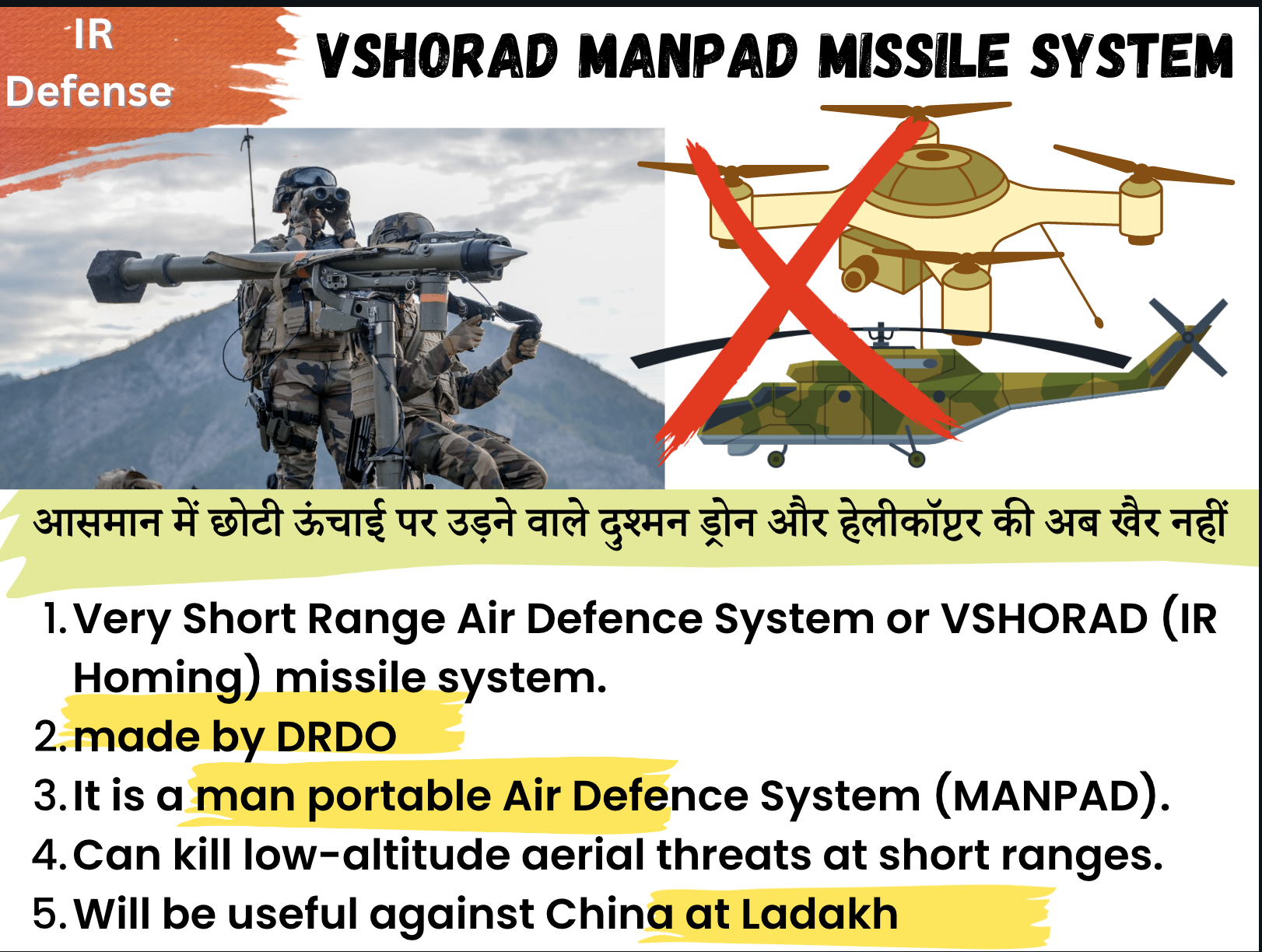 Very Short Range Air Defence System or VSHORAD (IR Homing) missile system